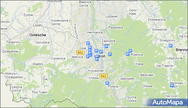 mapa Ustroń powiat cieszyński, Ustroń powiat cieszyński na mapie Targeo