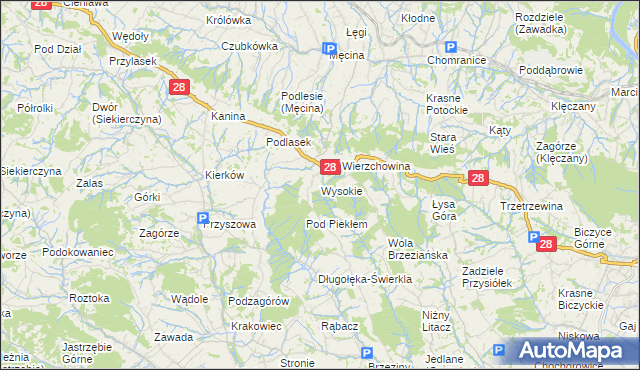 mapa Wysokie gmina Limanowa, Wysokie gmina Limanowa na mapie Targeo
