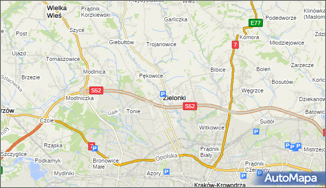 mapa Zielonki powiat krakowski, Zielonki powiat krakowski na mapie Targeo