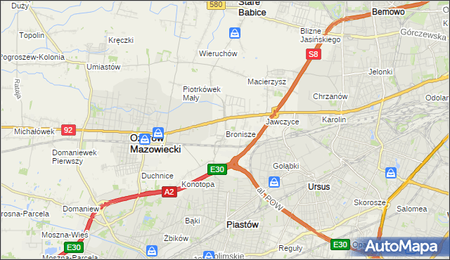 mapa Bronisze gmina Ożarów Mazowiecki, Bronisze gmina Ożarów Mazowiecki na mapie Targeo