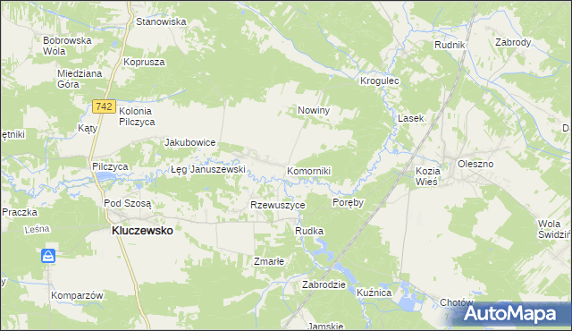 mapa Komorniki gmina Kluczewsko, Komorniki gmina Kluczewsko na mapie Targeo