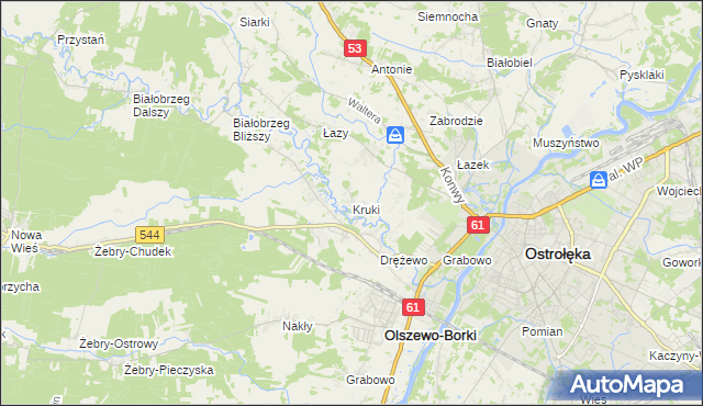 mapa Kruki gmina Olszewo-Borki, Kruki gmina Olszewo-Borki na mapie Targeo