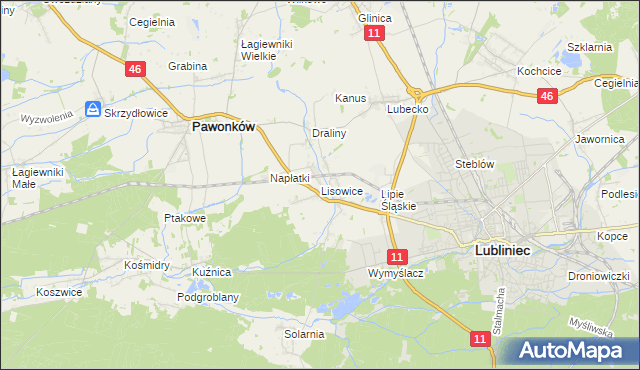 mapa Lisowice gmina Pawonków, Lisowice gmina Pawonków na mapie Targeo