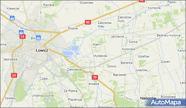 mapa Mysłaków gmina Nieborów, Mysłaków gmina Nieborów na mapie Targeo