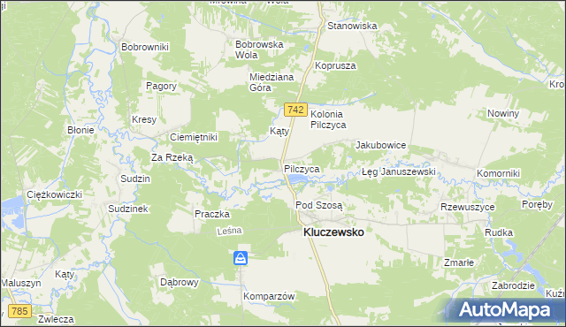 mapa Pilczyca gmina Kluczewsko, Pilczyca gmina Kluczewsko na mapie Targeo