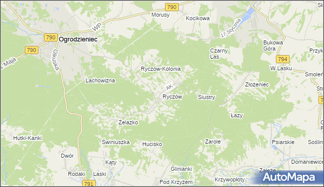 mapa Ryczów gmina Ogrodzieniec, Ryczów gmina Ogrodzieniec na mapie Targeo