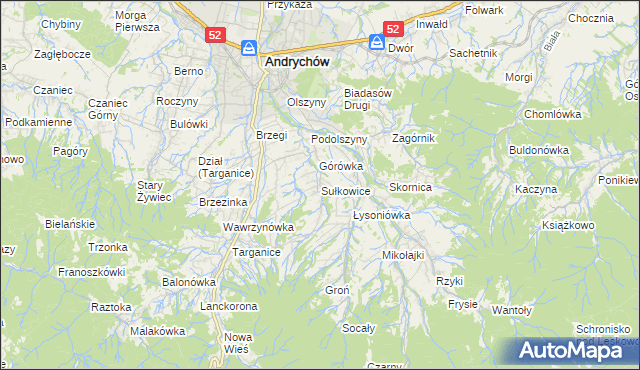 mapa Sułkowice gmina Andrychów, Sułkowice gmina Andrychów na mapie Targeo