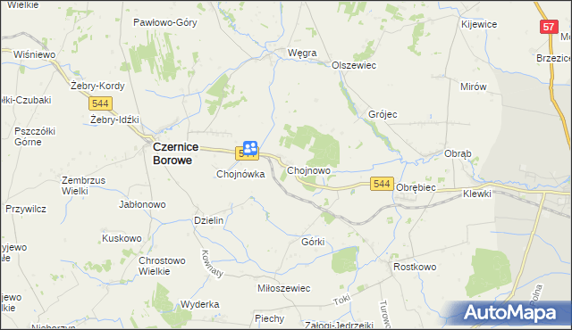 mapa Chojnowo gmina Czernice Borowe, Chojnowo gmina Czernice Borowe na mapie Targeo