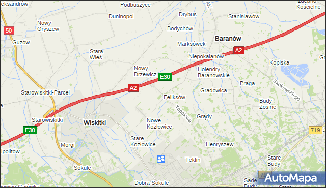 mapa Feliksów gmina Wiskitki, Feliksów gmina Wiskitki na mapie Targeo