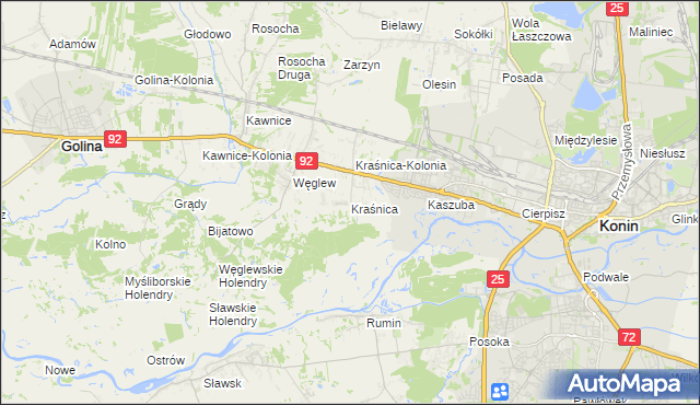 mapa Kraśnica gmina Golina, Kraśnica gmina Golina na mapie Targeo