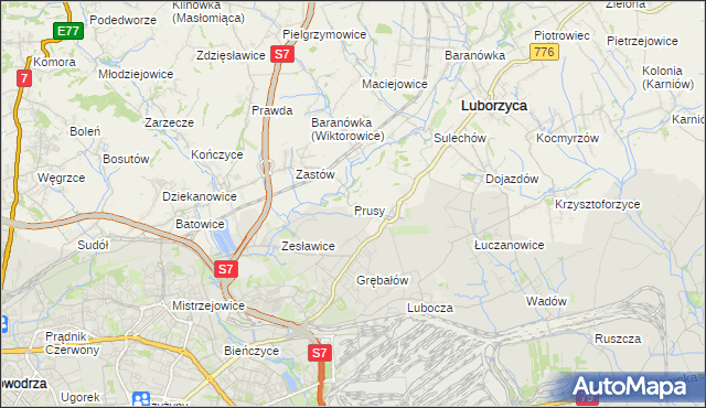 mapa Prusy gmina Kocmyrzów-Luborzyca, Prusy gmina Kocmyrzów-Luborzyca na mapie Targeo