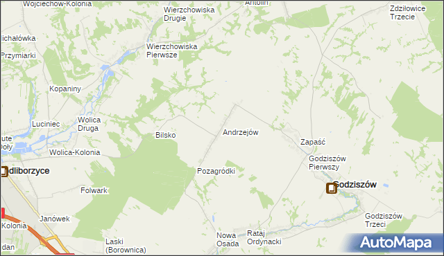 mapa Andrzejów gmina Godziszów, Andrzejów gmina Godziszów na mapie Targeo