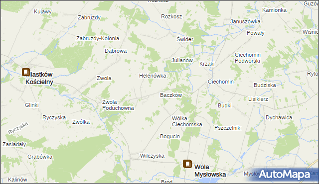 mapa Baczków gmina Wola Mysłowska, Baczków gmina Wola Mysłowska na mapie Targeo