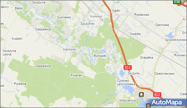 mapa Borówiec gmina Kórnik, Borówiec gmina Kórnik na mapie Targeo