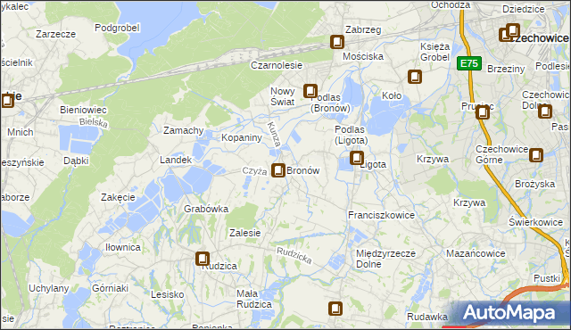 mapa Bronów gmina Czechowice-Dziedzice, Bronów gmina Czechowice-Dziedzice na mapie Targeo