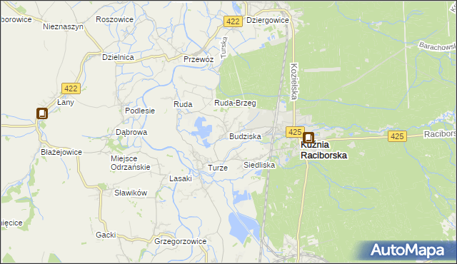 mapa Budziska gmina Kuźnia Raciborska, Budziska gmina Kuźnia Raciborska na mapie Targeo