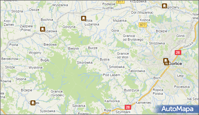 mapa Bystra gmina Gorlice, Bystra gmina Gorlice na mapie Targeo