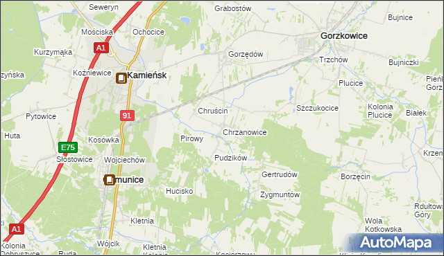 mapa Chrzanowice gmina Gomunice, Chrzanowice gmina Gomunice na mapie Targeo