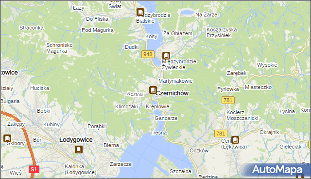 mapa Czernichów powiat żywiecki, Czernichów powiat żywiecki na mapie Targeo