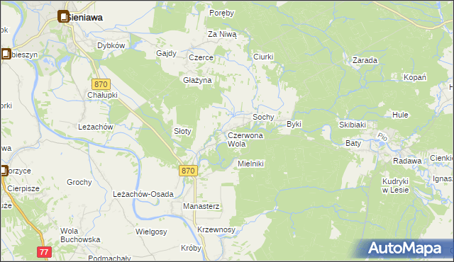 mapa Czerwona Wola gmina Sieniawa, Czerwona Wola gmina Sieniawa na mapie Targeo