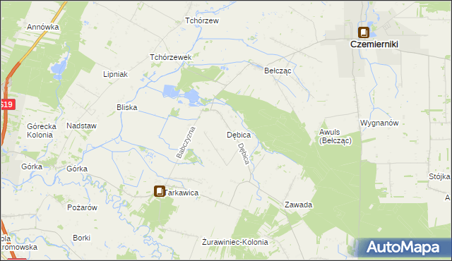 mapa Dębica gmina Ostrówek, Dębica gmina Ostrówek na mapie Targeo