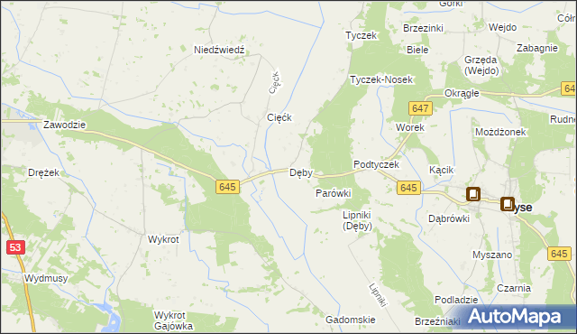 mapa Dęby gmina Łyse, Dęby gmina Łyse na mapie Targeo