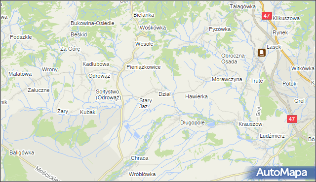 mapa Dział gmina Czarny Dunajec, Dział gmina Czarny Dunajec na mapie Targeo