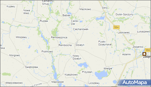 mapa Działyń gmina Zbójno, Działyń gmina Zbójno na mapie Targeo