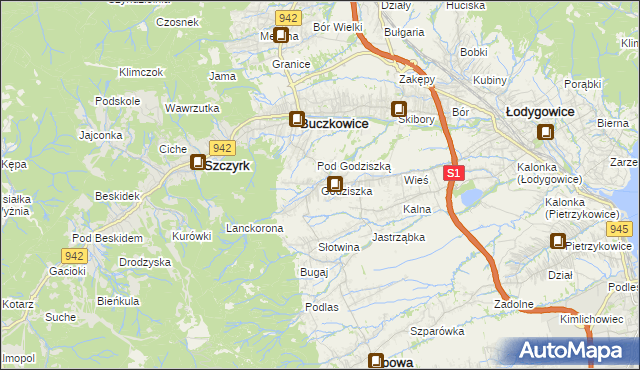 mapa Godziszka gmina Buczkowice, Godziszka gmina Buczkowice na mapie Targeo