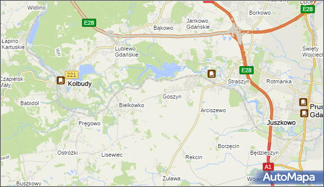 mapa Goszyn gmina Pruszcz Gdański, Goszyn gmina Pruszcz Gdański na mapie Targeo