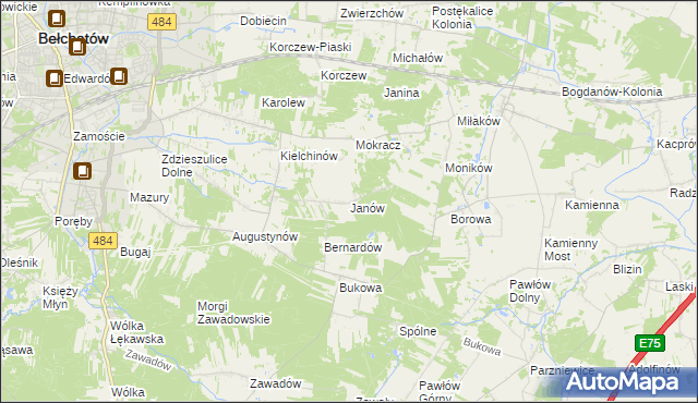 mapa Janów gmina Bełchatów, Janów gmina Bełchatów na mapie Targeo