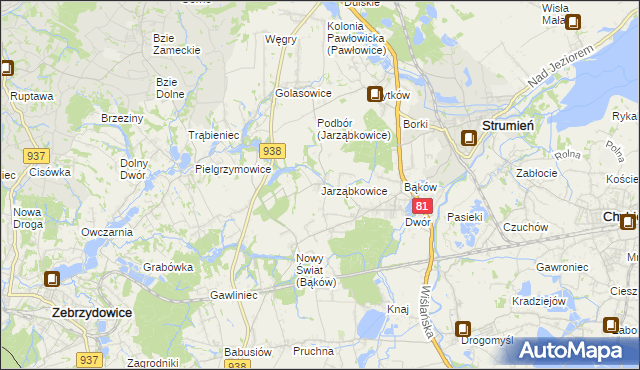 mapa Jarząbkowice gmina Pawłowice, Jarząbkowice gmina Pawłowice na mapie Targeo