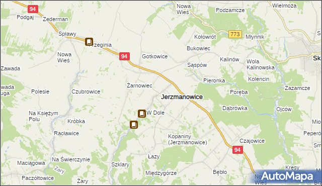 mapa Jerzmanowice gmina Jerzmanowice-Przeginia, Jerzmanowice gmina Jerzmanowice-Przeginia na mapie Targeo