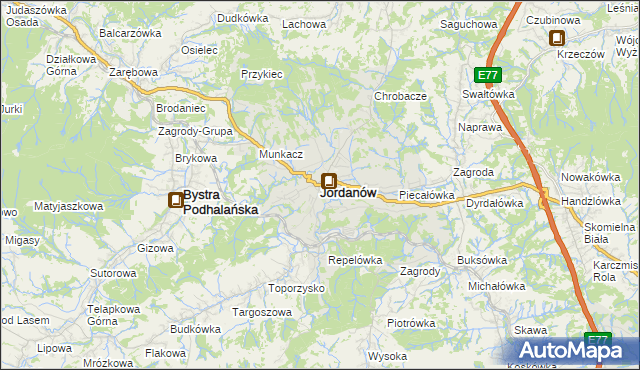 mapa Jordanów powiat suski, Jordanów powiat suski na mapie Targeo