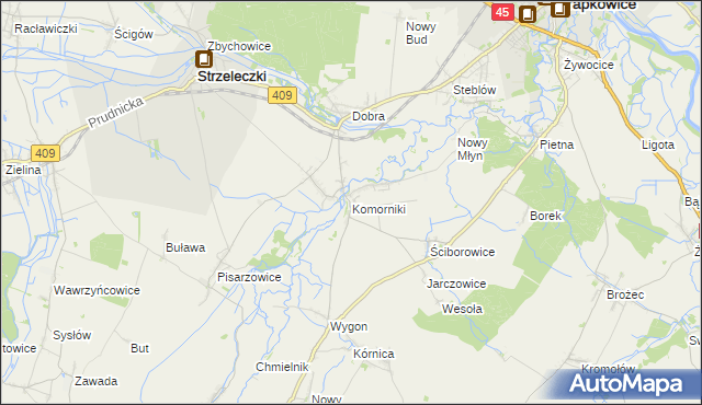 mapa Komorniki gmina Strzeleczki, Komorniki gmina Strzeleczki na mapie Targeo