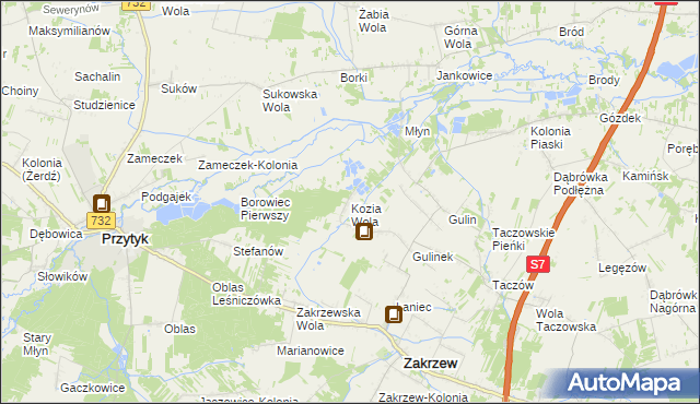 mapa Kozia Wola gmina Zakrzew, Kozia Wola gmina Zakrzew na mapie Targeo