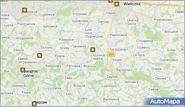 mapa Koźmice Wielkie, Koźmice Wielkie na mapie Targeo