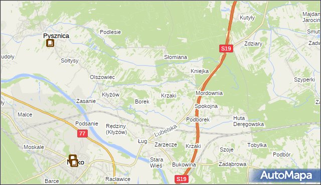 mapa Krzaki gmina Pysznica, Krzaki gmina Pysznica na mapie Targeo