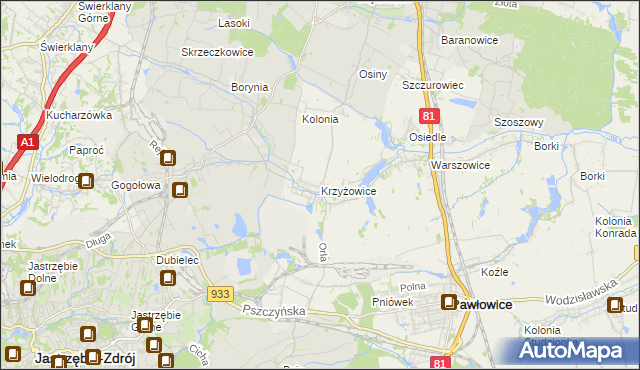 mapa Krzyżowice gmina Pawłowice, Krzyżowice gmina Pawłowice na mapie Targeo