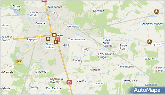 mapa Łazy gmina Łuków, Łazy gmina Łuków na mapie Targeo