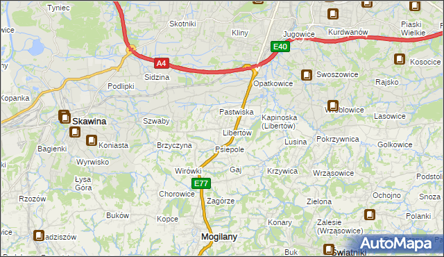 mapa Libertów gmina Mogilany, Libertów gmina Mogilany na mapie Targeo