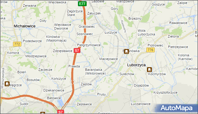 mapa Maciejowice gmina Kocmyrzów-Luborzyca, Maciejowice gmina Kocmyrzów-Luborzyca na mapie Targeo