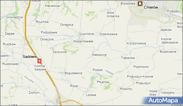 mapa Małoszyce gmina Sadowie, Małoszyce gmina Sadowie na mapie Targeo