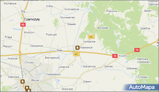 mapa Masłowice gmina Wieluń, Masłowice gmina Wieluń na mapie Targeo