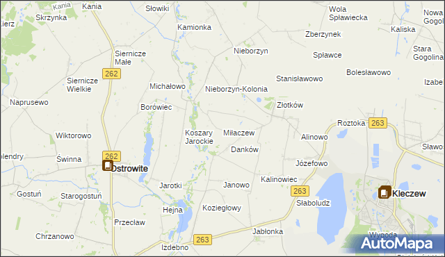 mapa Miłaczew gmina Kleczew, Miłaczew gmina Kleczew na mapie Targeo