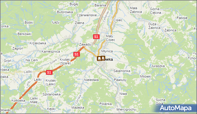 mapa Milówka powiat żywiecki, Milówka powiat żywiecki na mapie Targeo