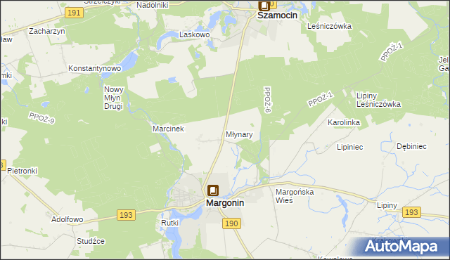 mapa Młynary gmina Margonin, Młynary gmina Margonin na mapie Targeo