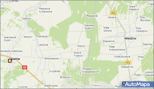 mapa Mokra gmina Miedźno, Mokra gmina Miedźno na mapie Targeo