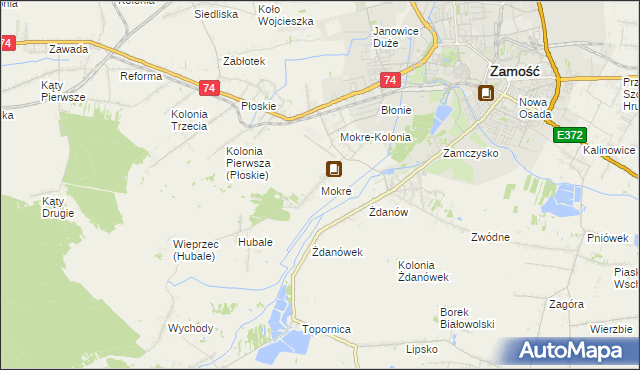 mapa Mokre gmina Zamość, Mokre gmina Zamość na mapie Targeo