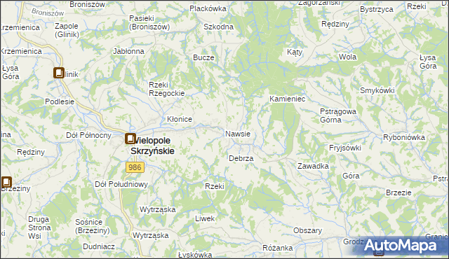mapa Nawsie gmina Wielopole Skrzyńskie, Nawsie gmina Wielopole Skrzyńskie na mapie Targeo